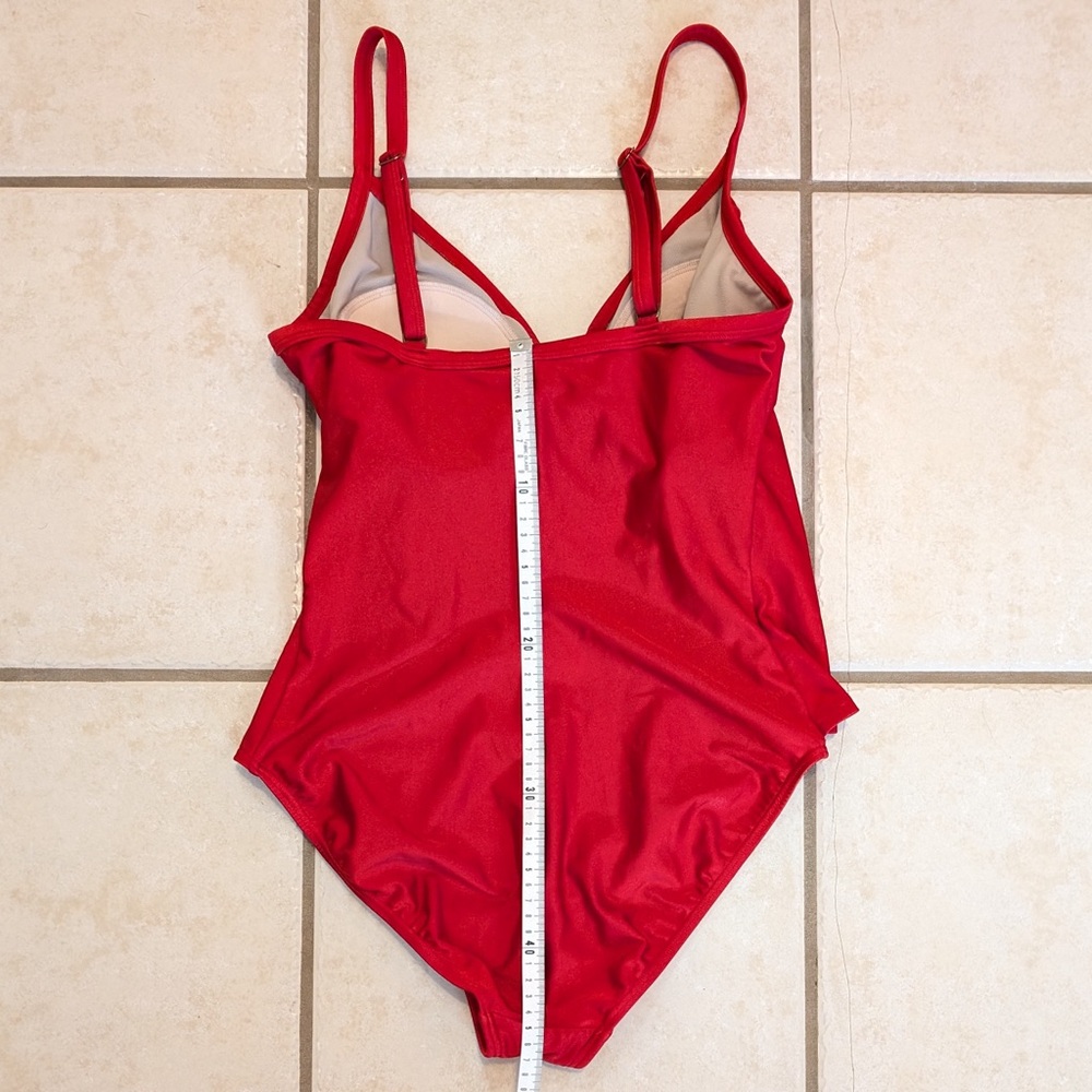 Real Y2K Vintage Simon Chang Wrap Red One Piece Swimsuit w Gold Detail Size 14 - Picture 12 of 16